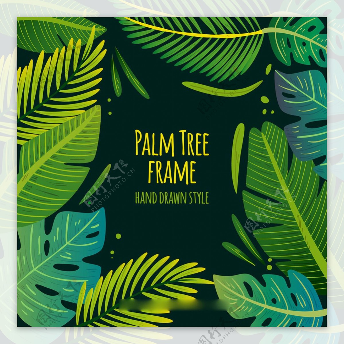 手绘绿色棕榈树叶子边框广告背景素材