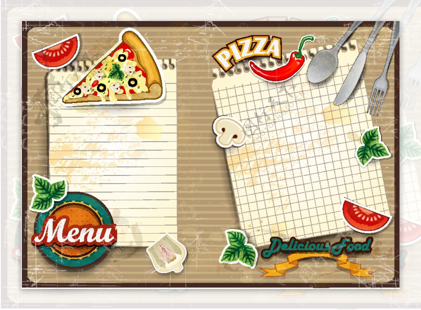 纸张餐具和披萨插画