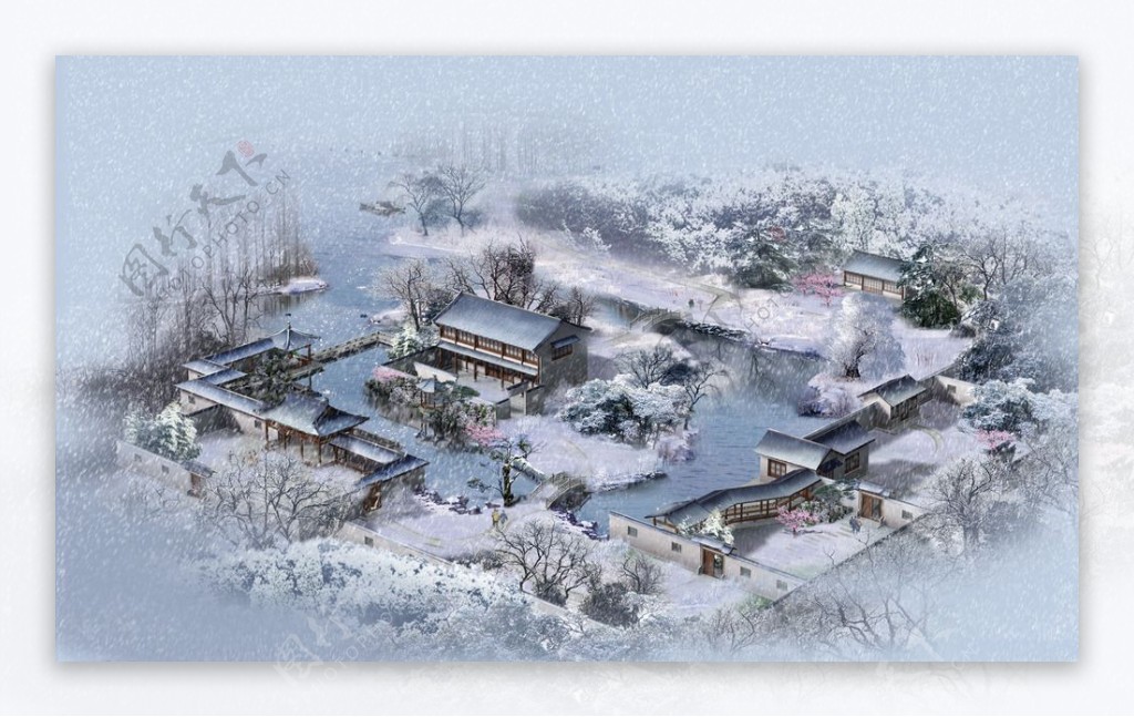 园林古建筑雪景图片