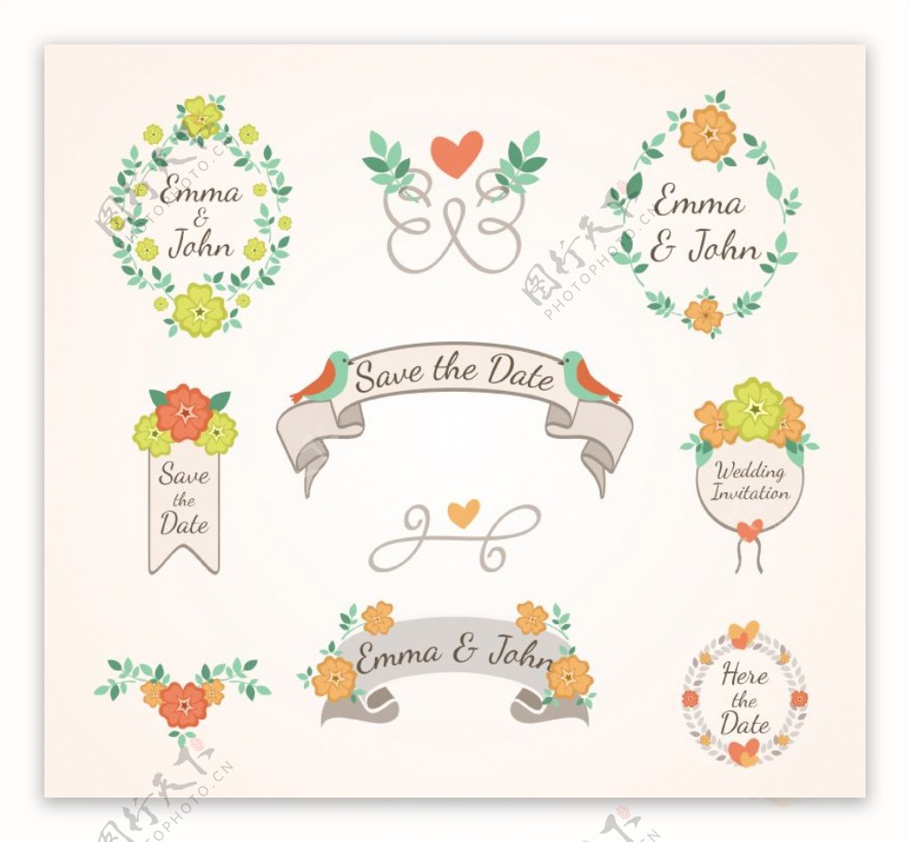 花卉婚礼标签矢量设计