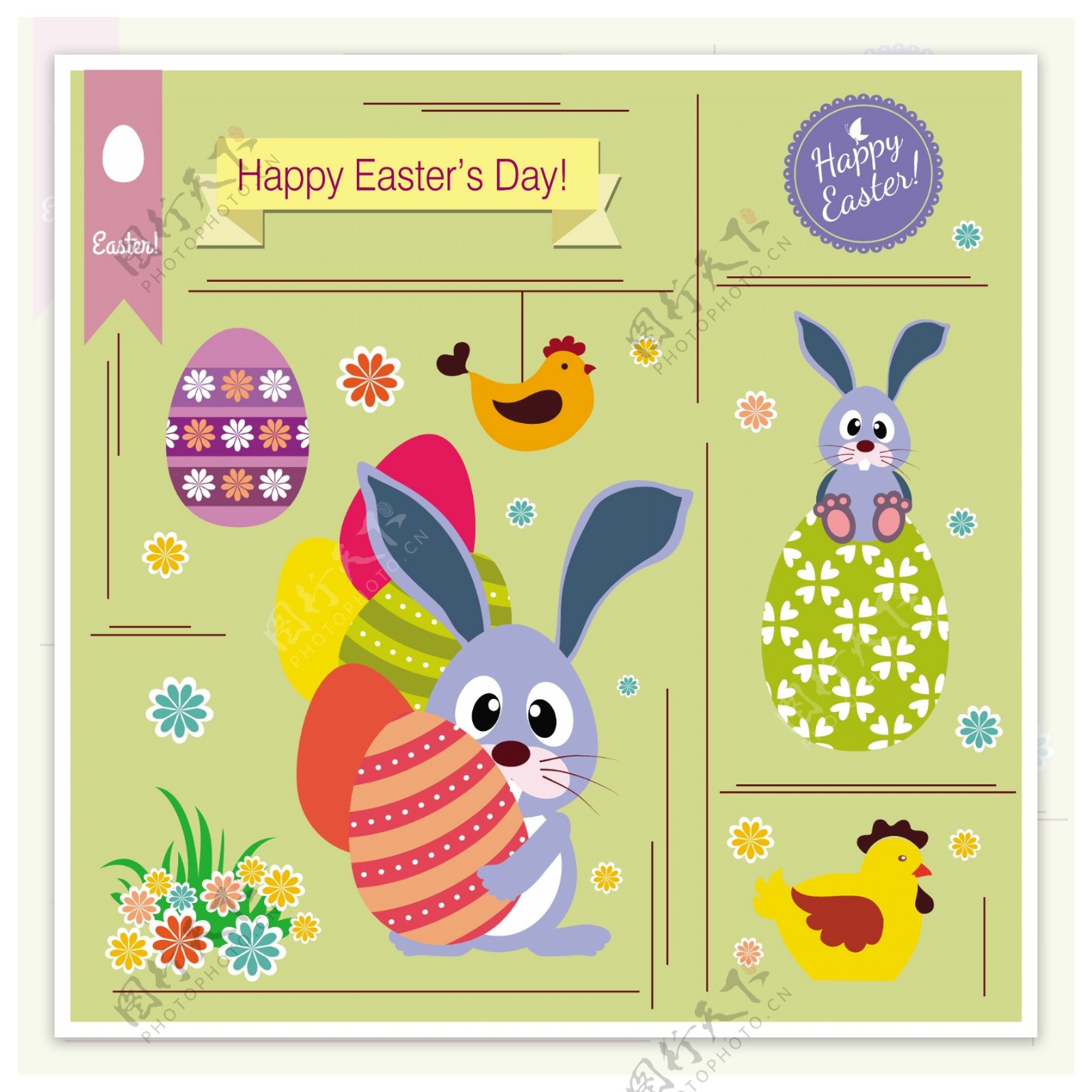 复活节卡片装饰鸡肉和鸡蛋和兔子自由向量