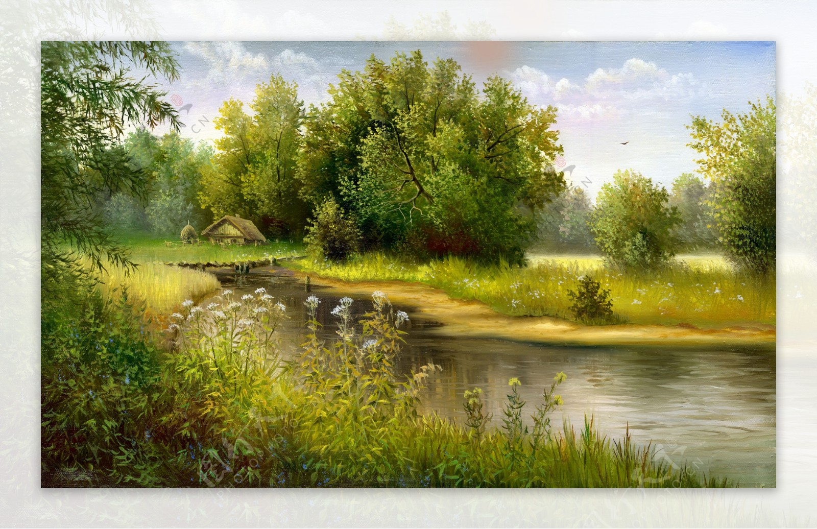 河流和树木自然风景油画图片