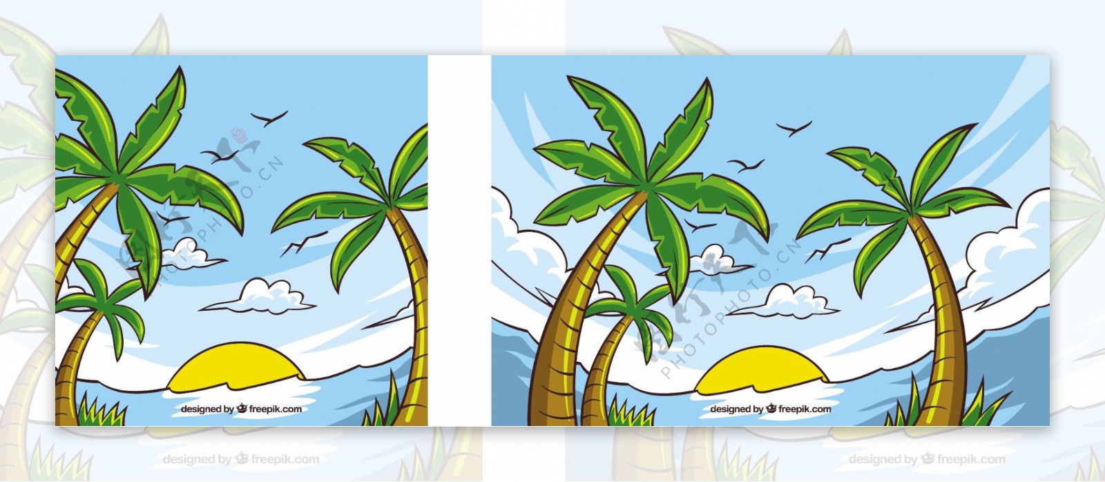 棕榈树和手绘海滩的背景