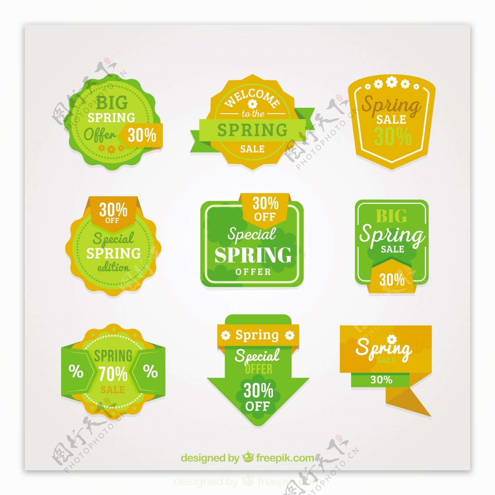 绿色和黄色的春季销售标签和徽章
