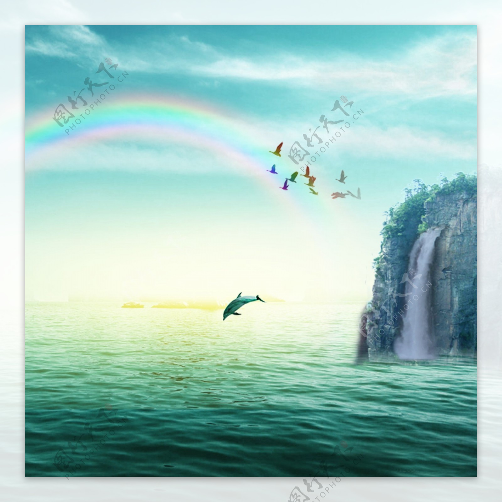 海水海鸥海豚山彩虹素材