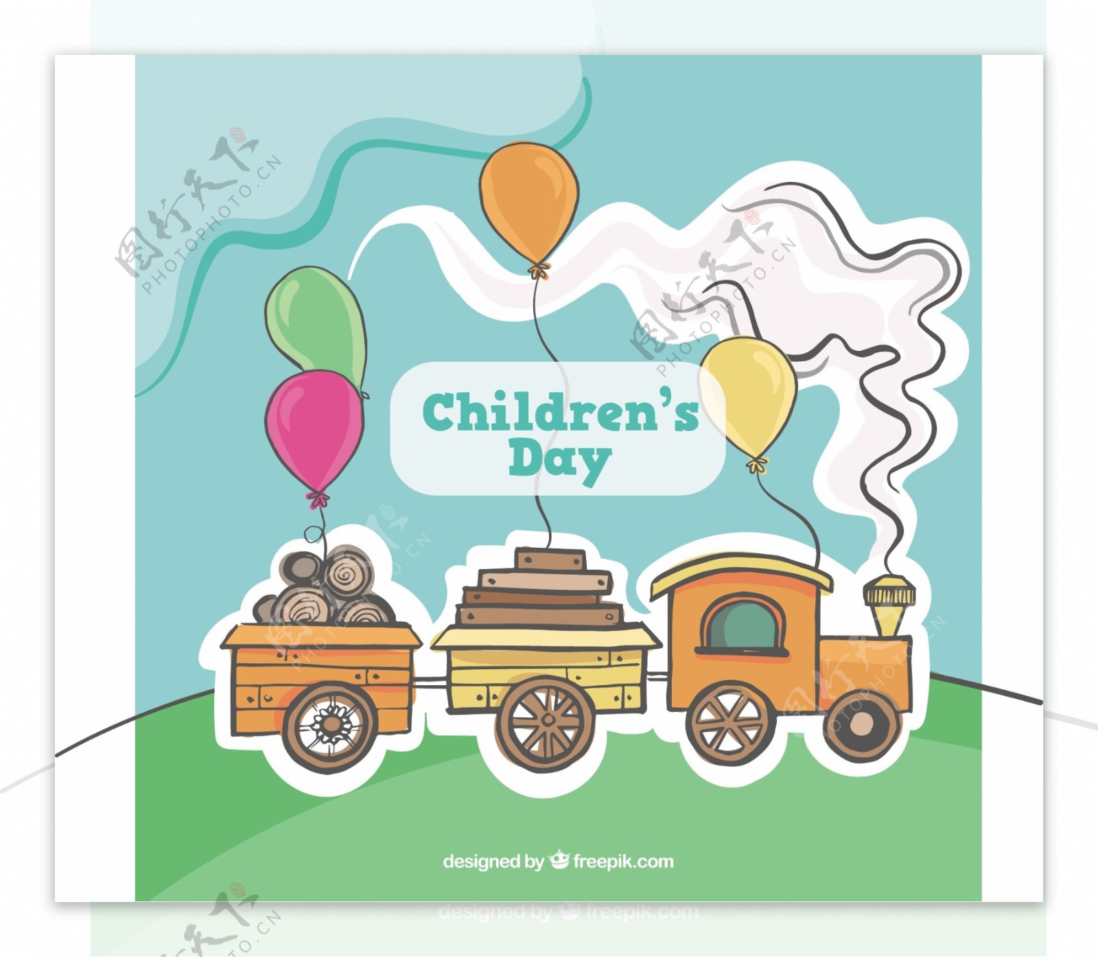 伟大的背景为儿童的一天一个可爱的火车和气球