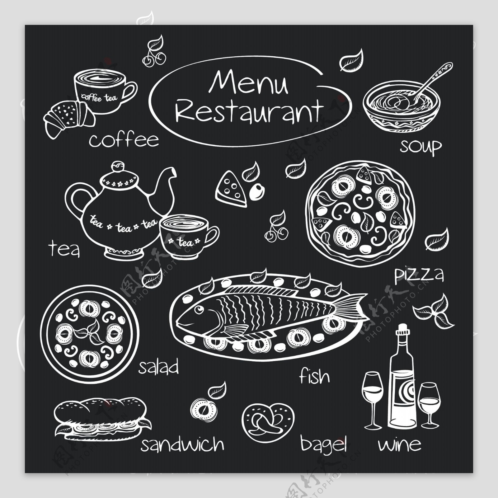 欧美黑板手绘食物素材