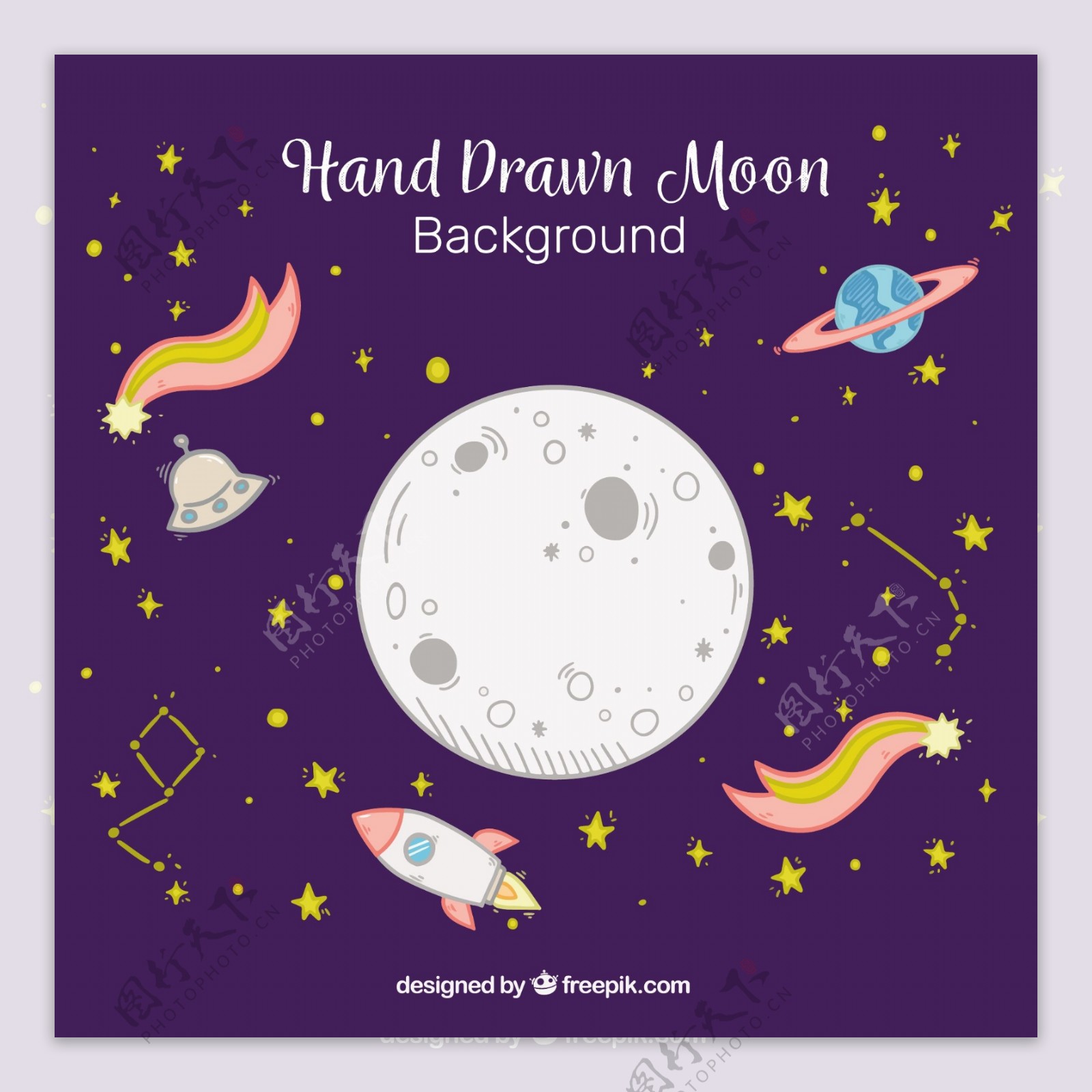 月球背景与流星和火箭手绘风格