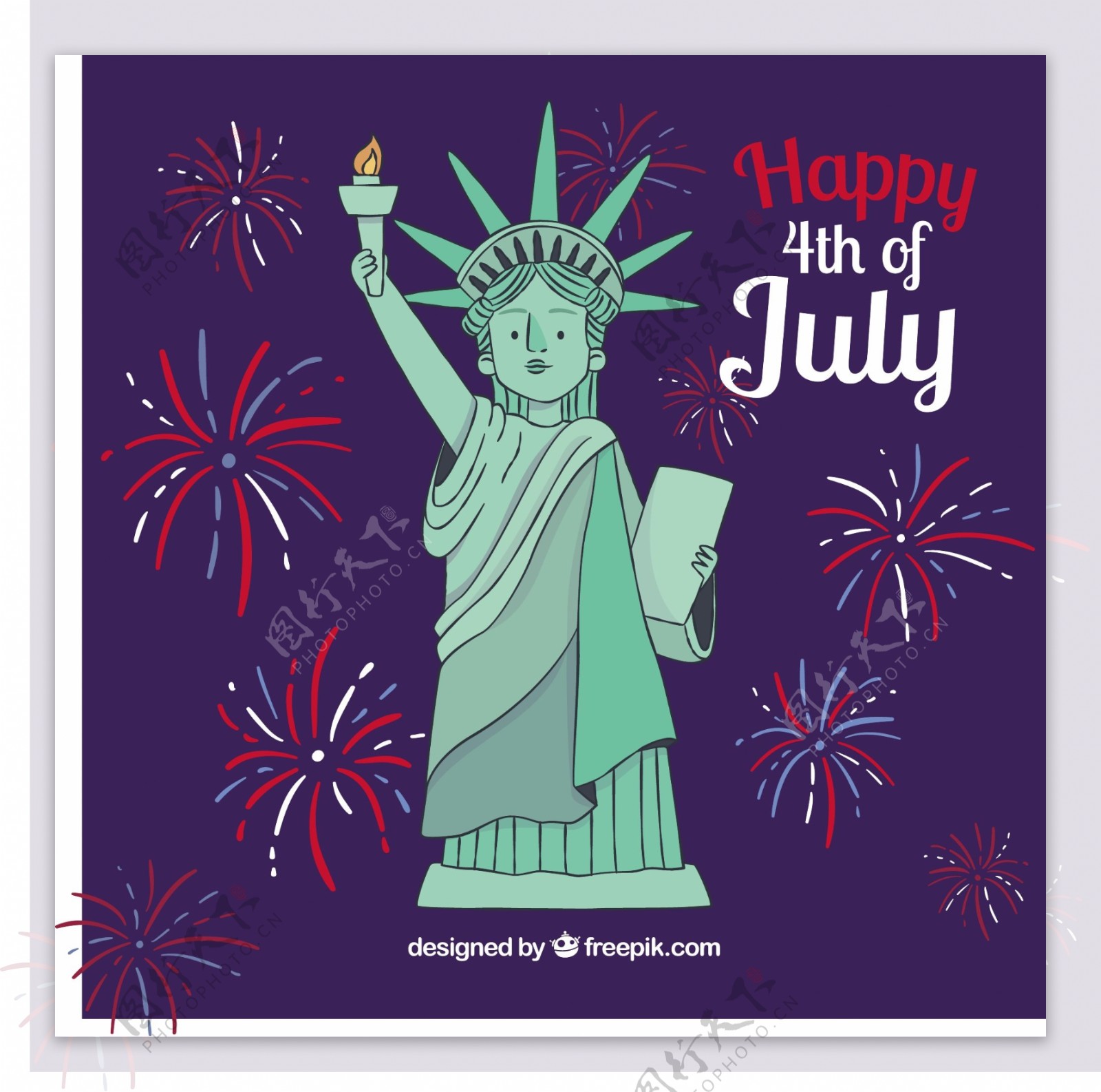 烟花和自由女神雕像美国独立日背景