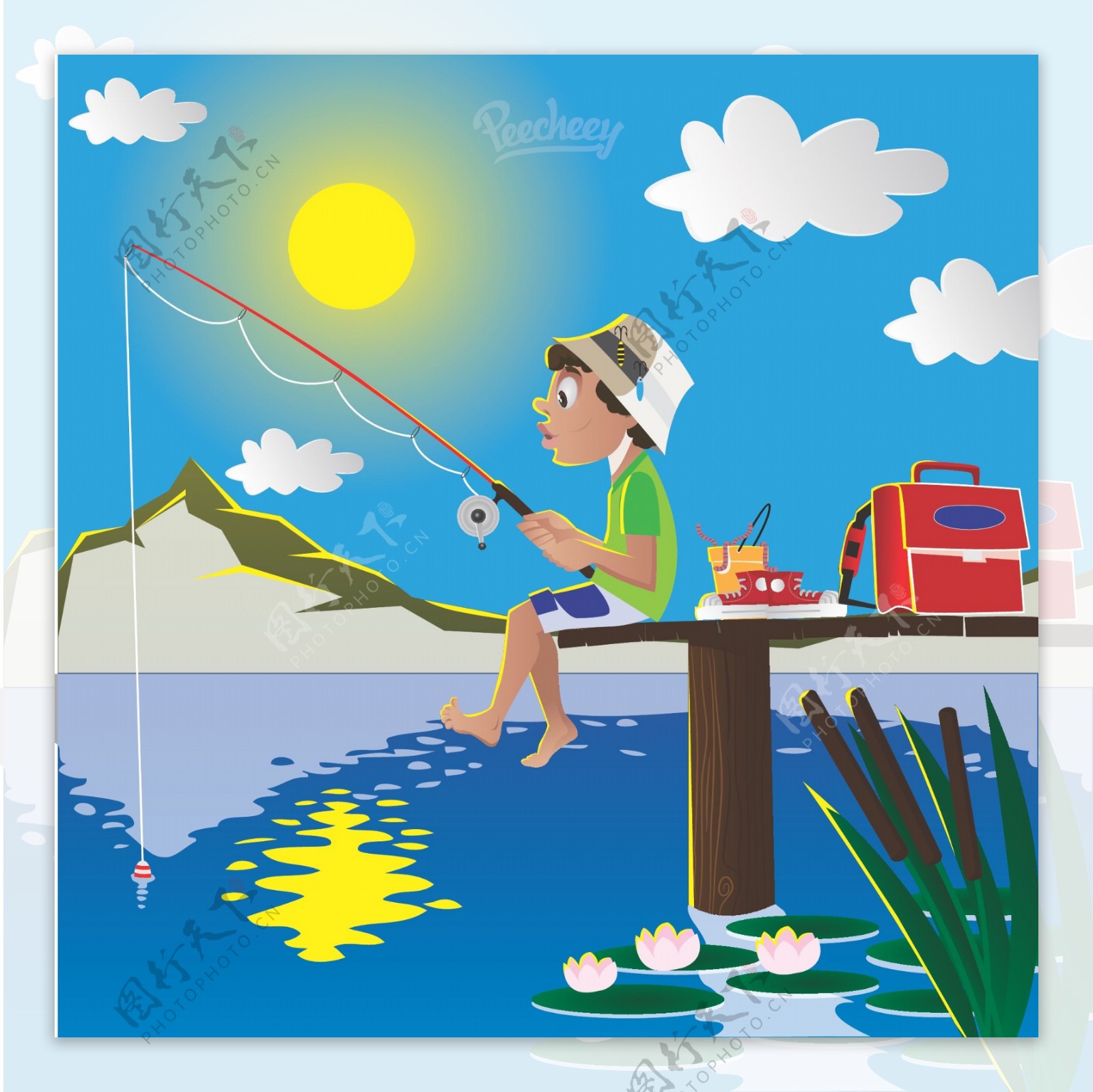 男孩钓鱼湖卡通