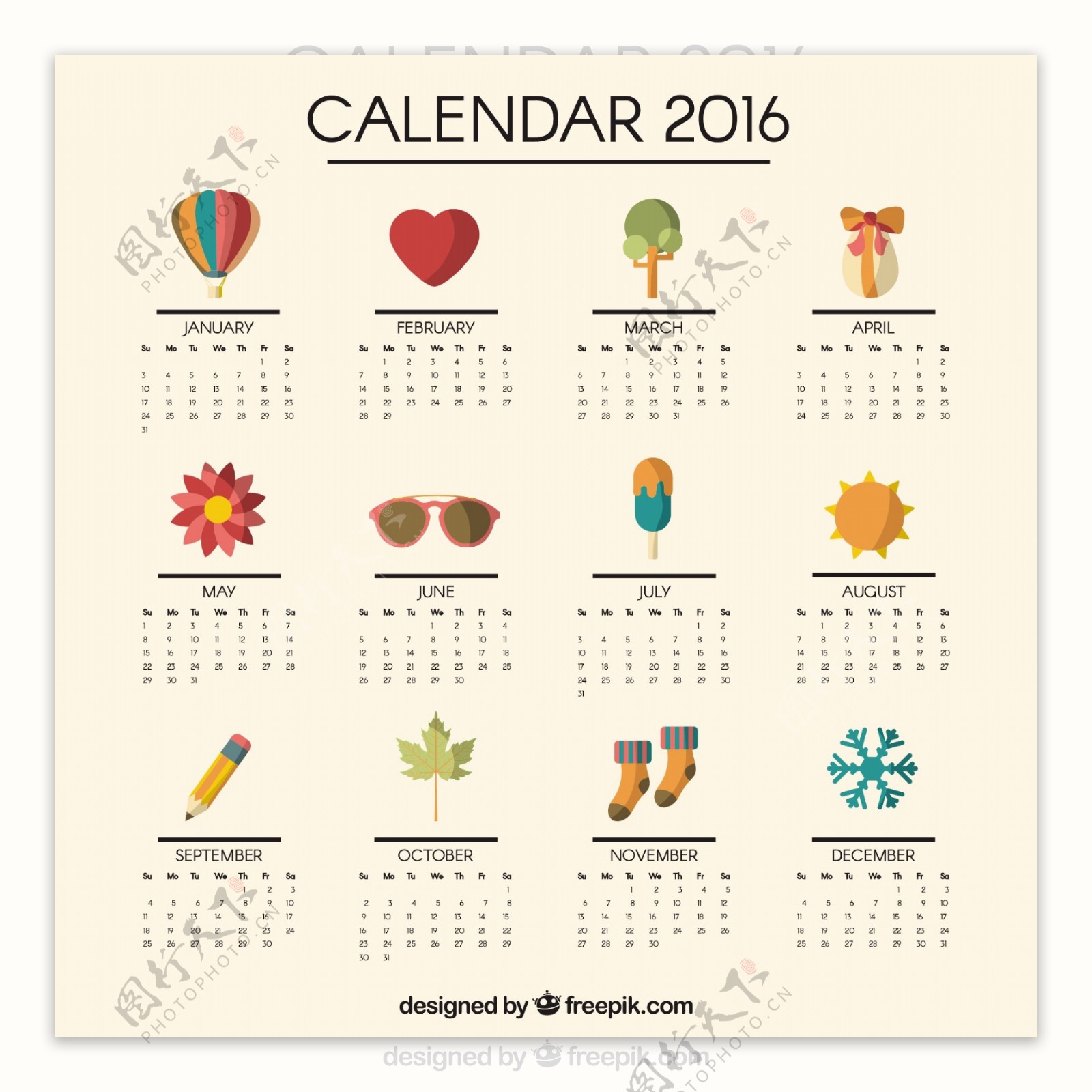 2016日历与可爱的图标