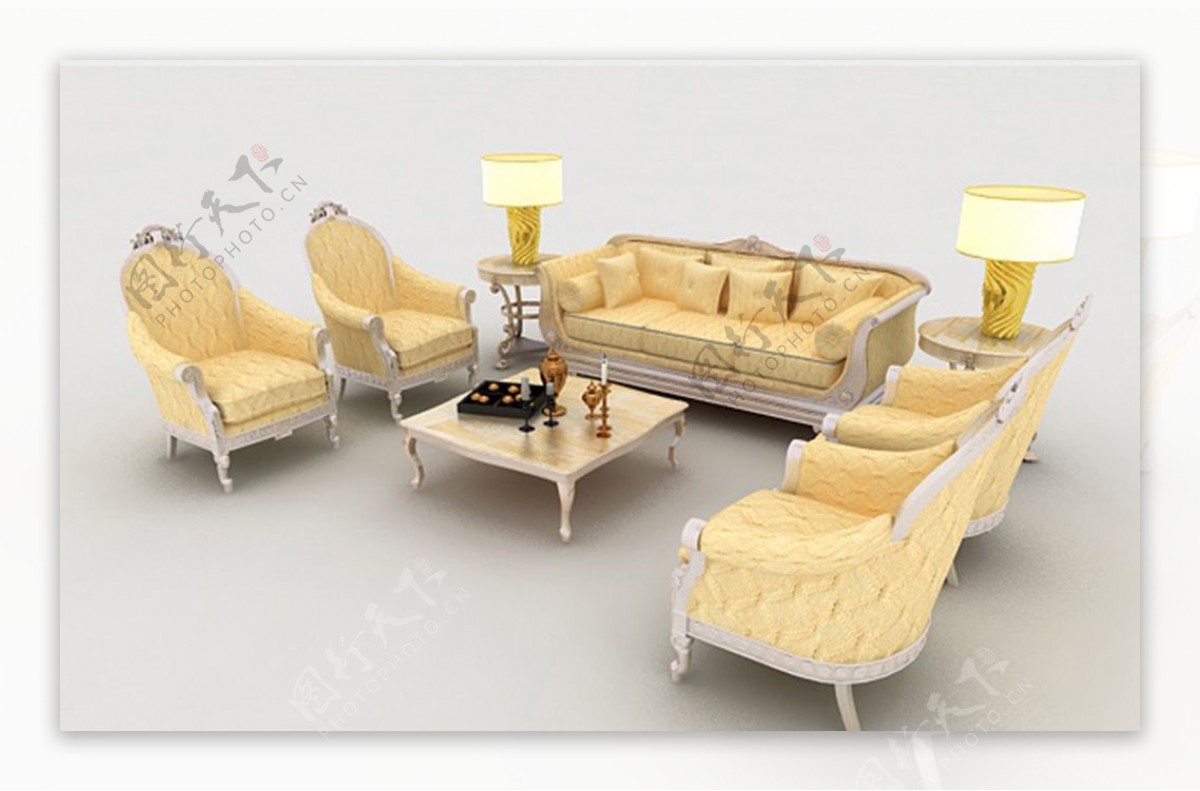 欧式金色组合沙发3d模型下载