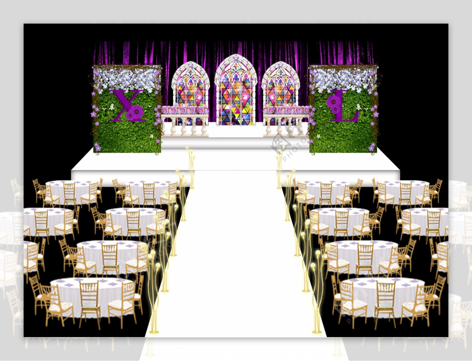 爱丽丝风格教堂花墙婚礼主背景效果图