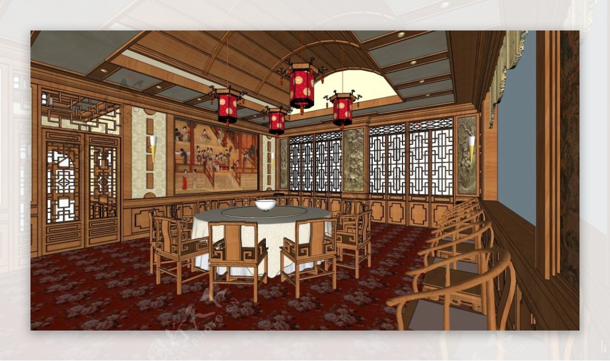 中式餐厅茶楼酒店室内SKP模型布置