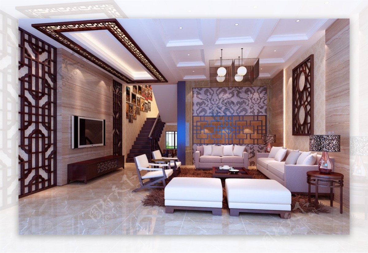 中式客厅3D模型灯光室内空间