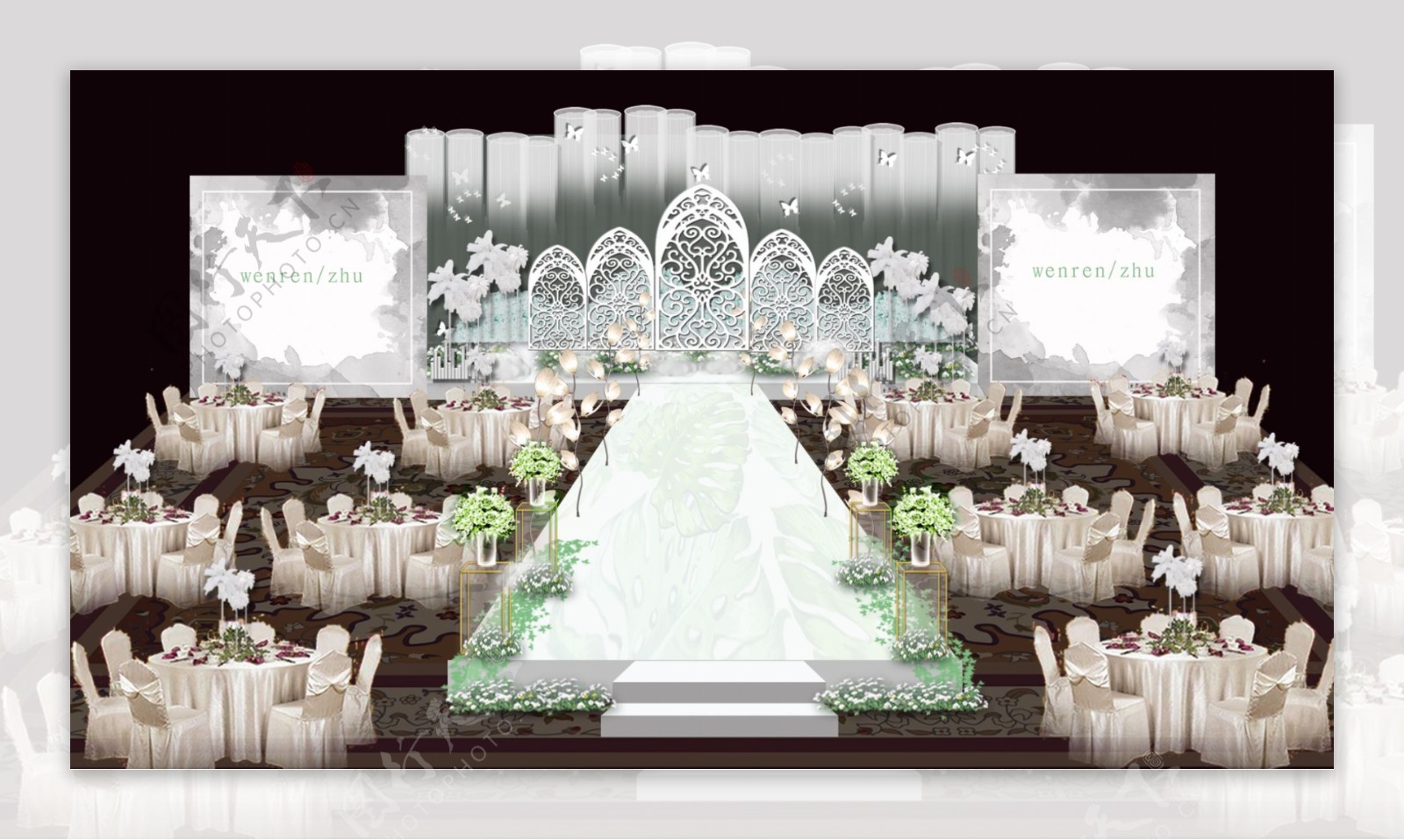 白绿色小清新婚礼主背景效果图