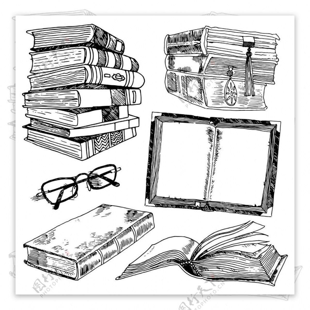 素描眼镜和书本图片
