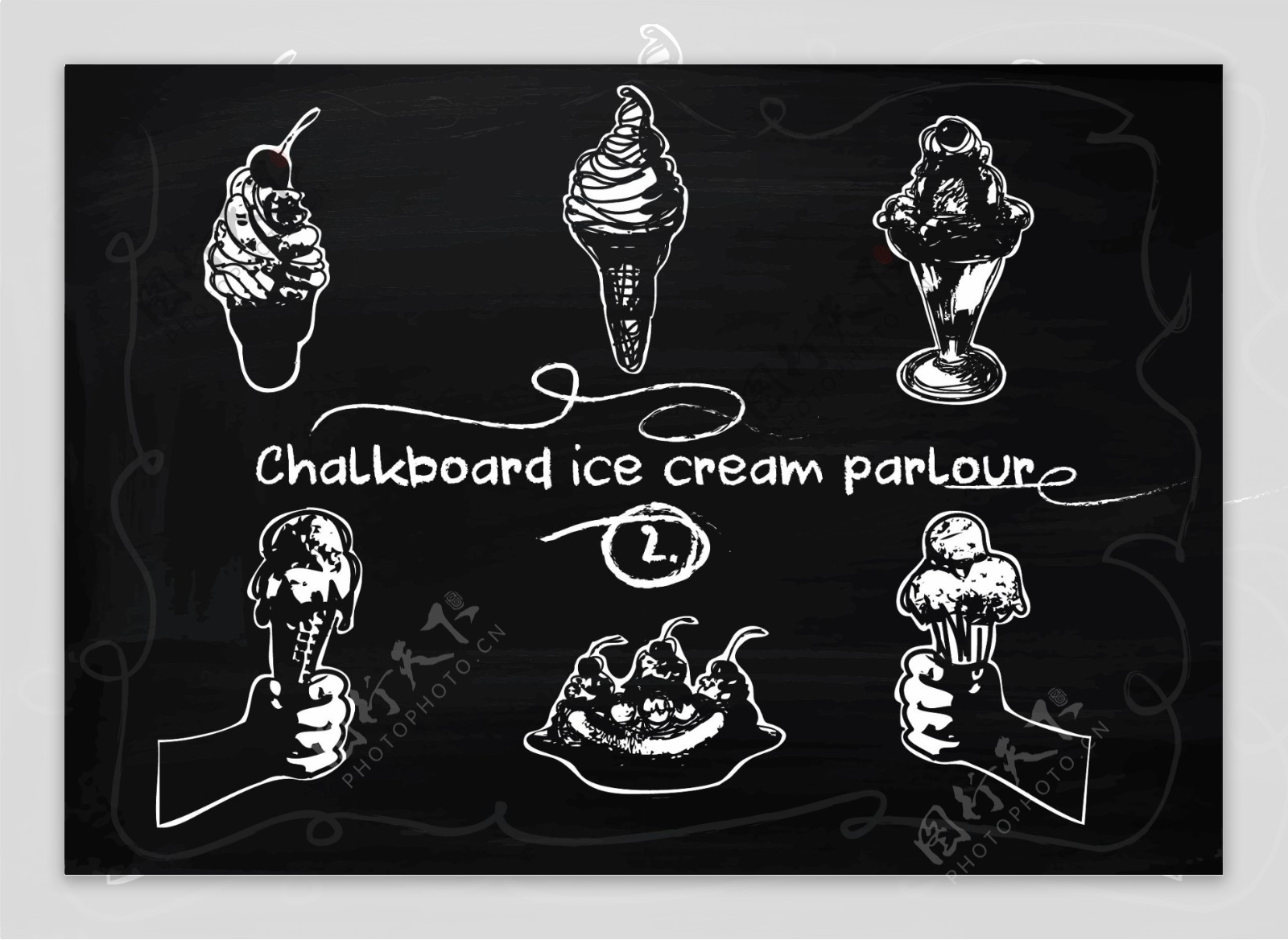 自由手绘的冰淇淋放在黑板背景矢量