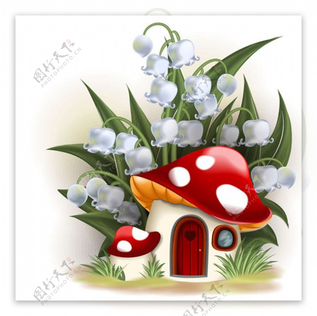 卡通铃铛花下的蘑菇屋矢量素材下载