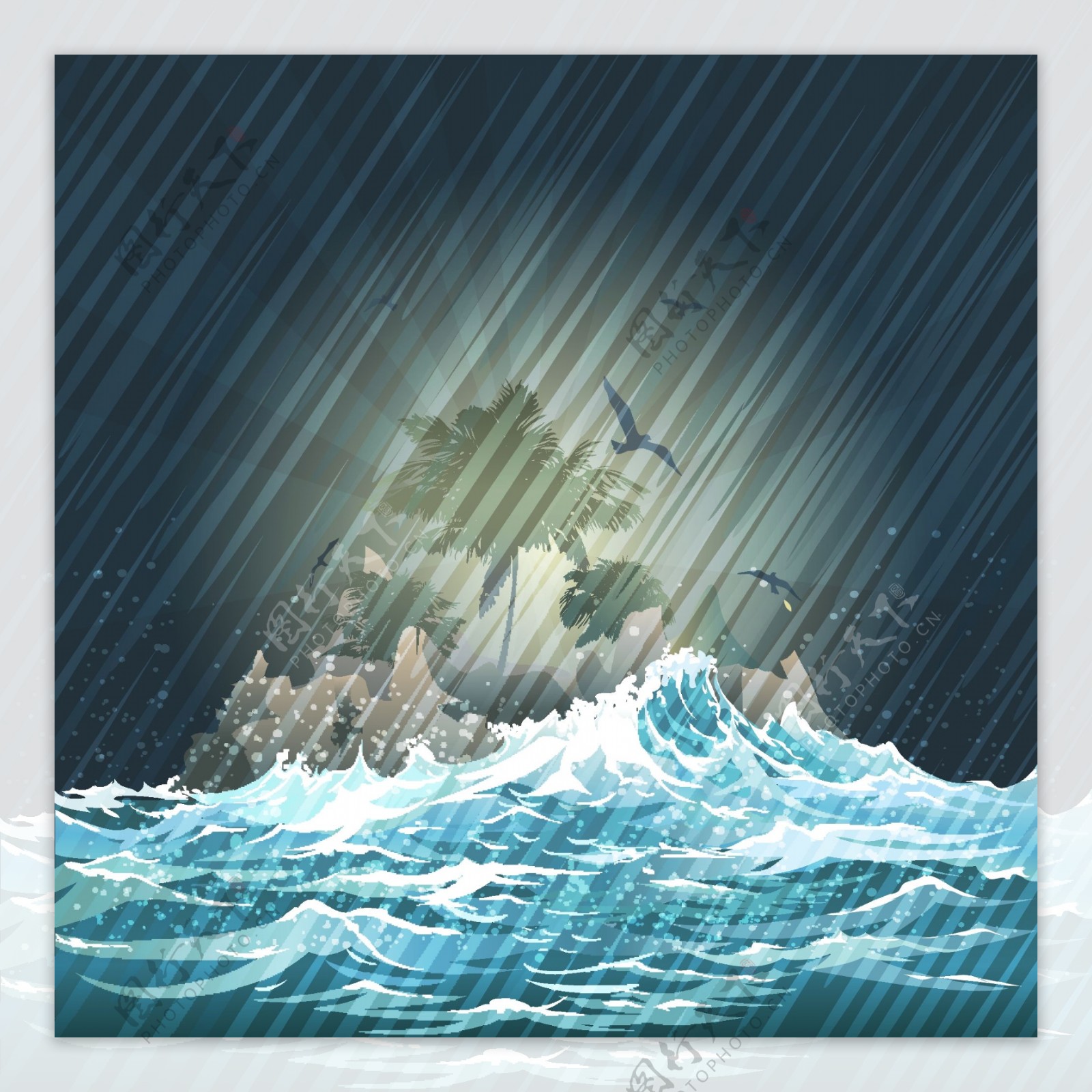 下雨天的海水海浪矢量插画