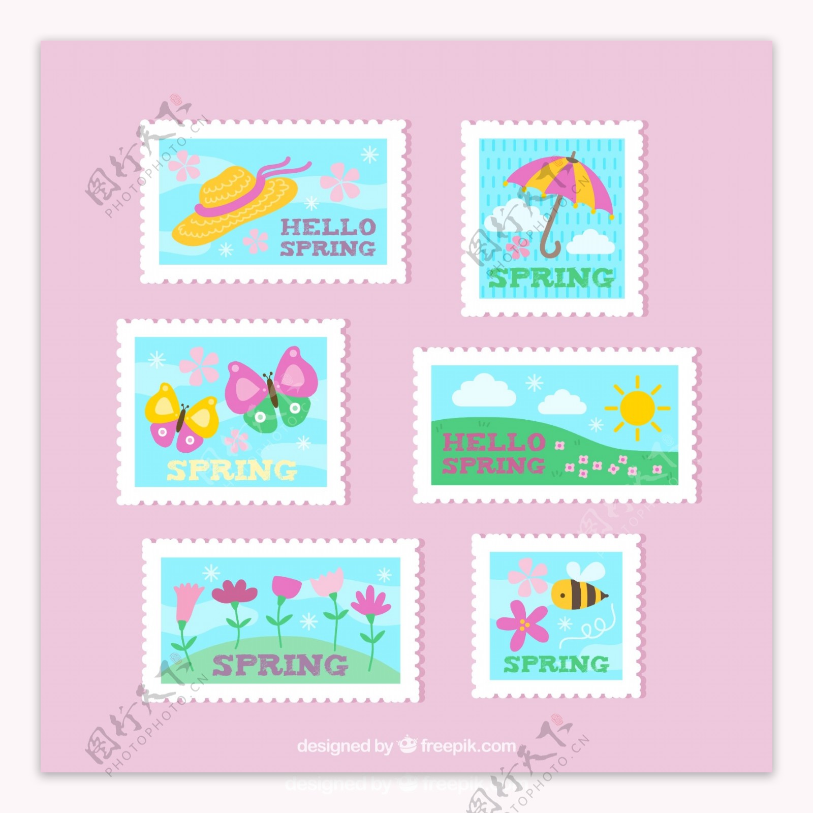 6款彩色春季邮票矢量