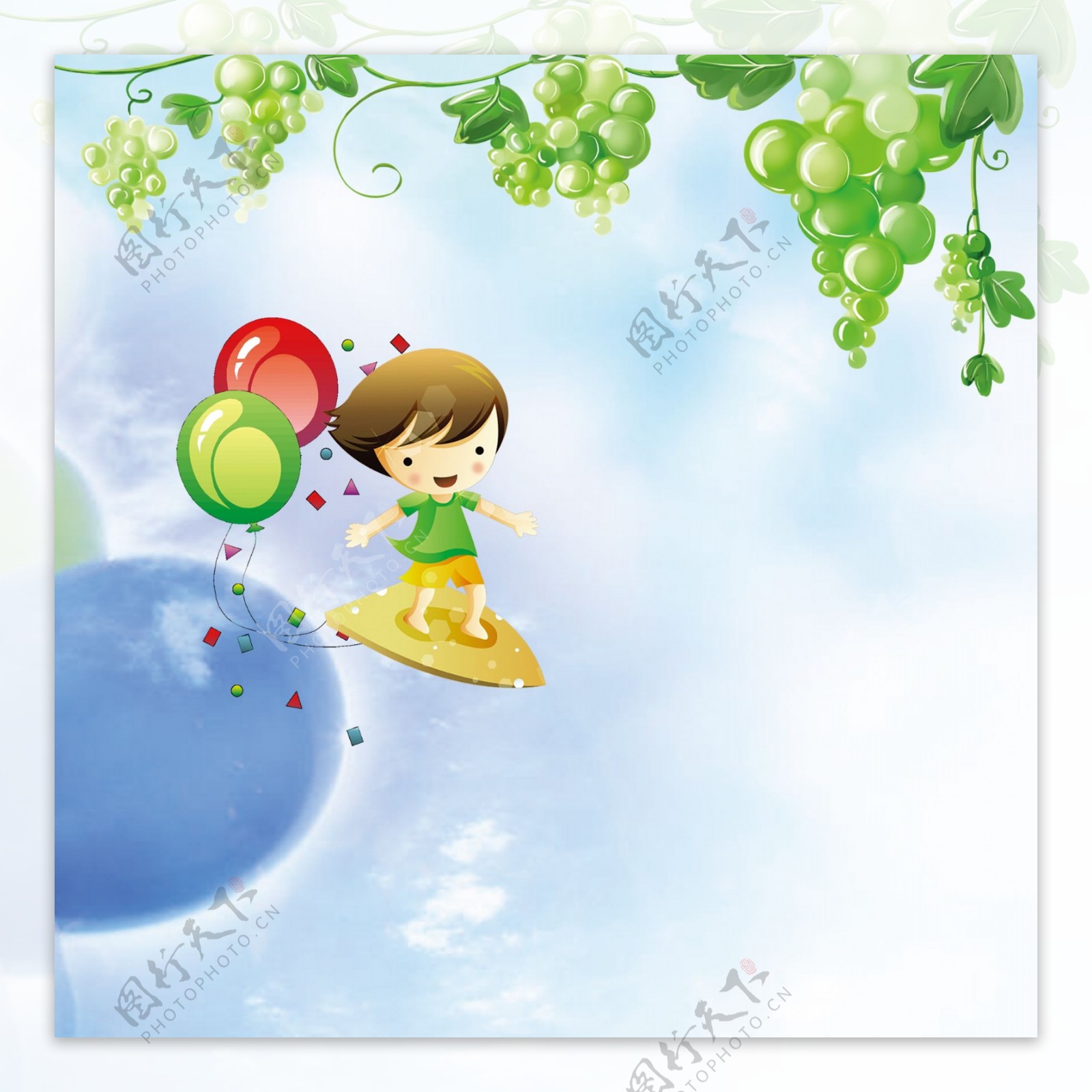 葡萄树叶云彩气球卡通女孩冲浪板素材