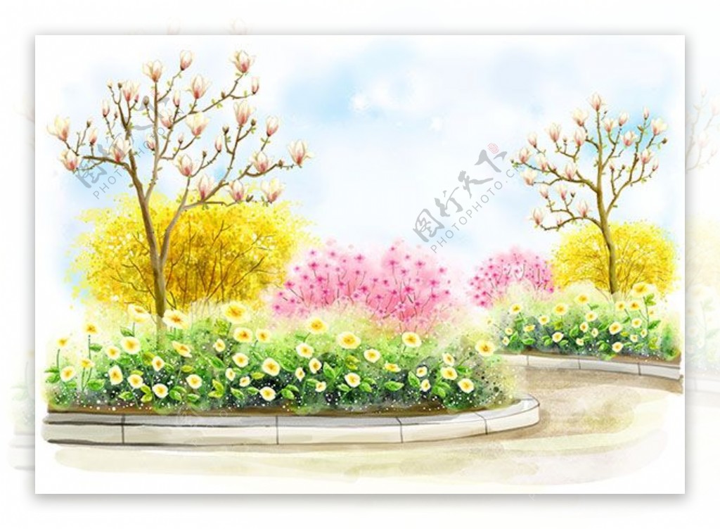韩式风景春天花园插画设计psd素材下载