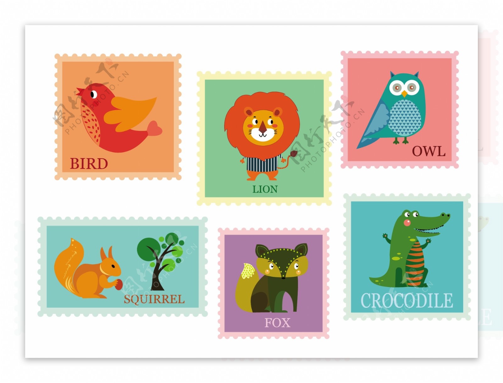 与可爱的动物邮票集设计背景自由向量