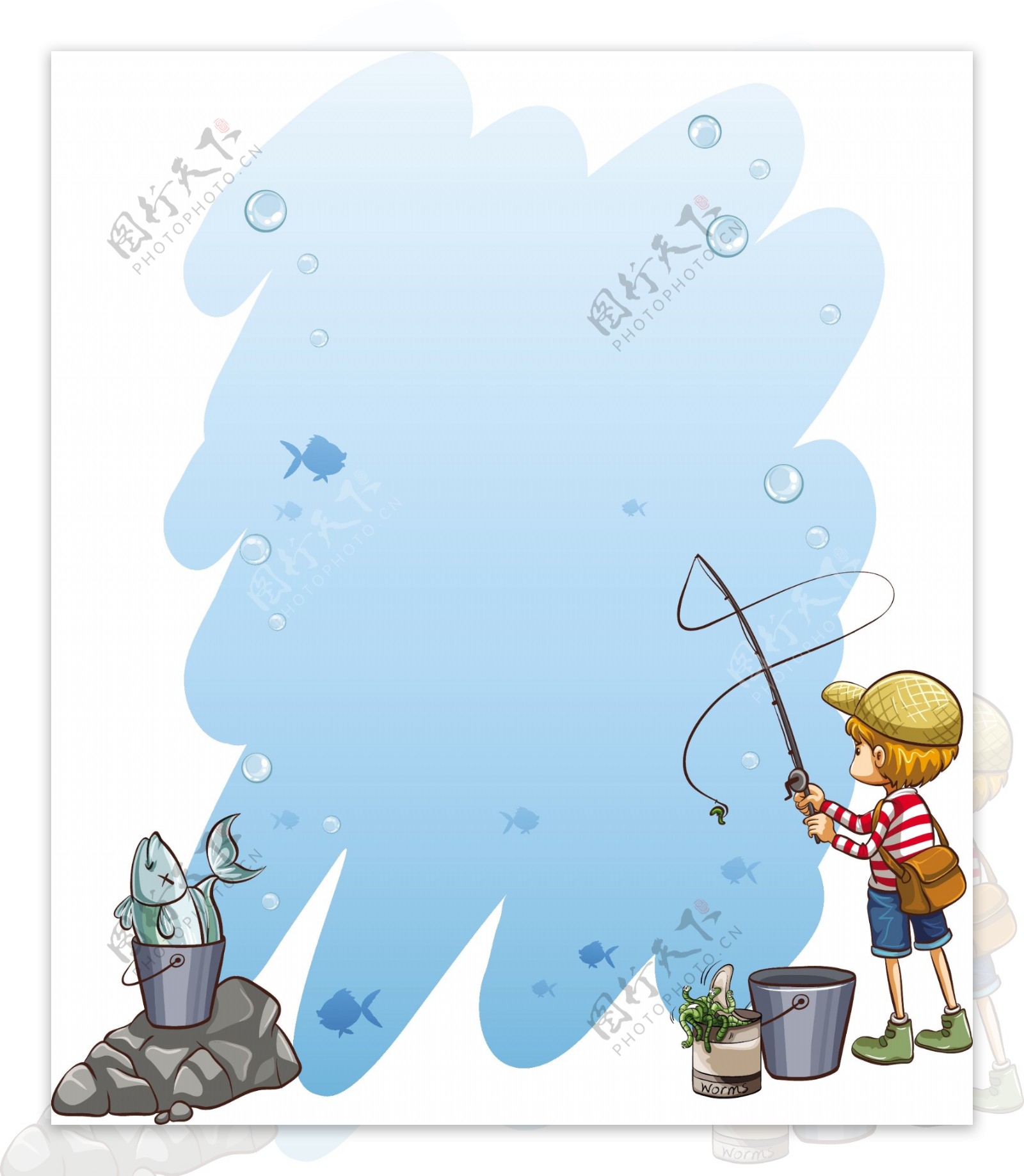 男孩钓鱼蓝色边框背景矢量素材