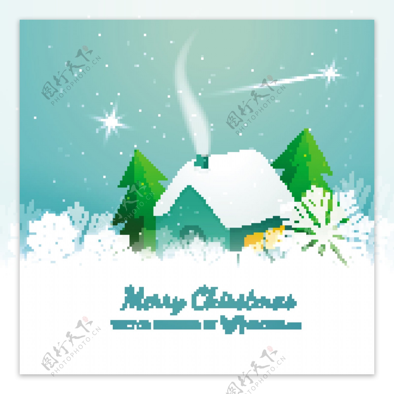 雪白的小屋和圣诞树和雪花