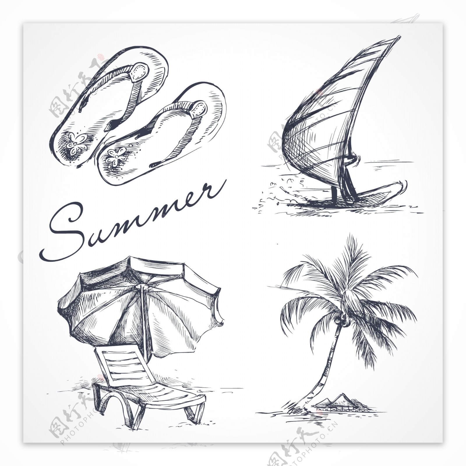 素描手绘夏天度假用品插画