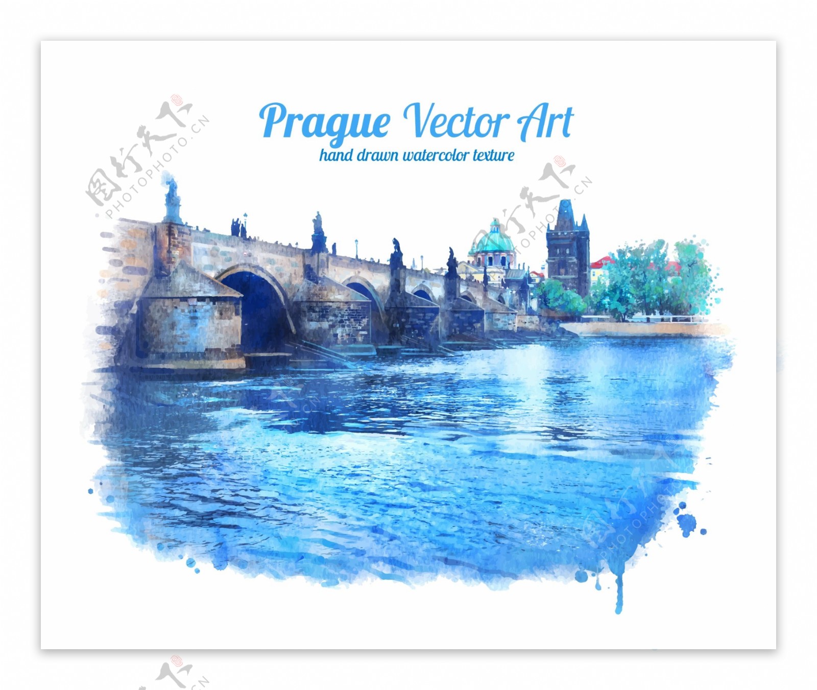 蓝色河水水彩绘画矢量素材