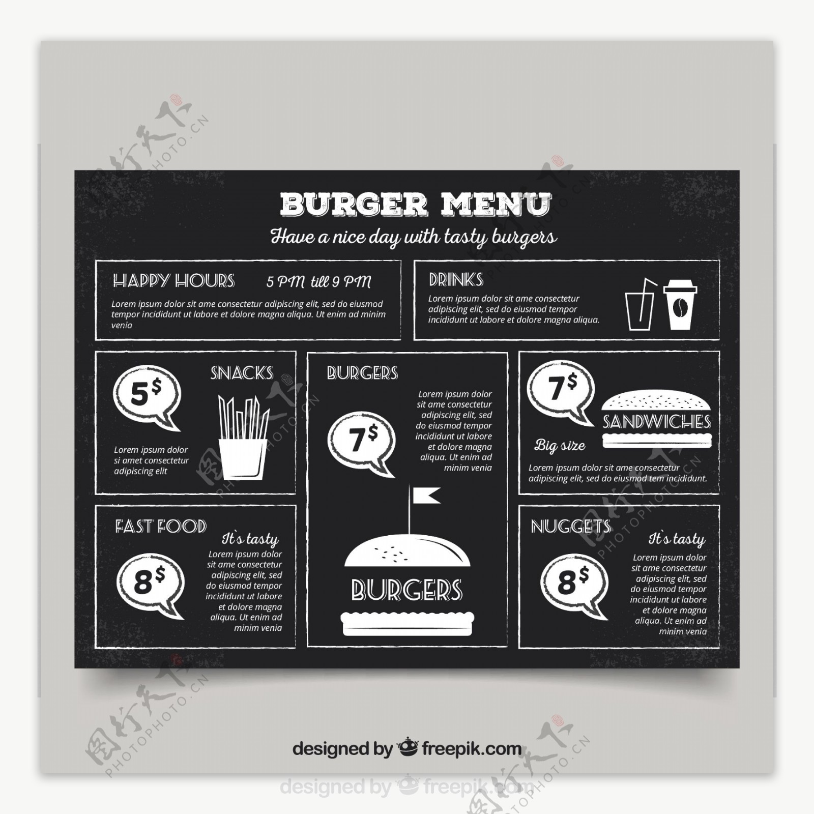 黑板上的老式汉堡菜单