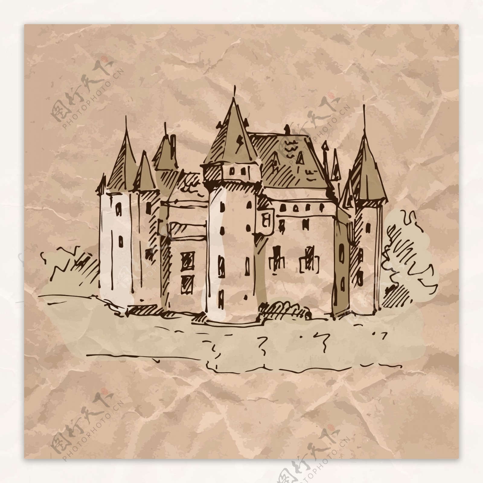 复古手绘建筑城堡插画
