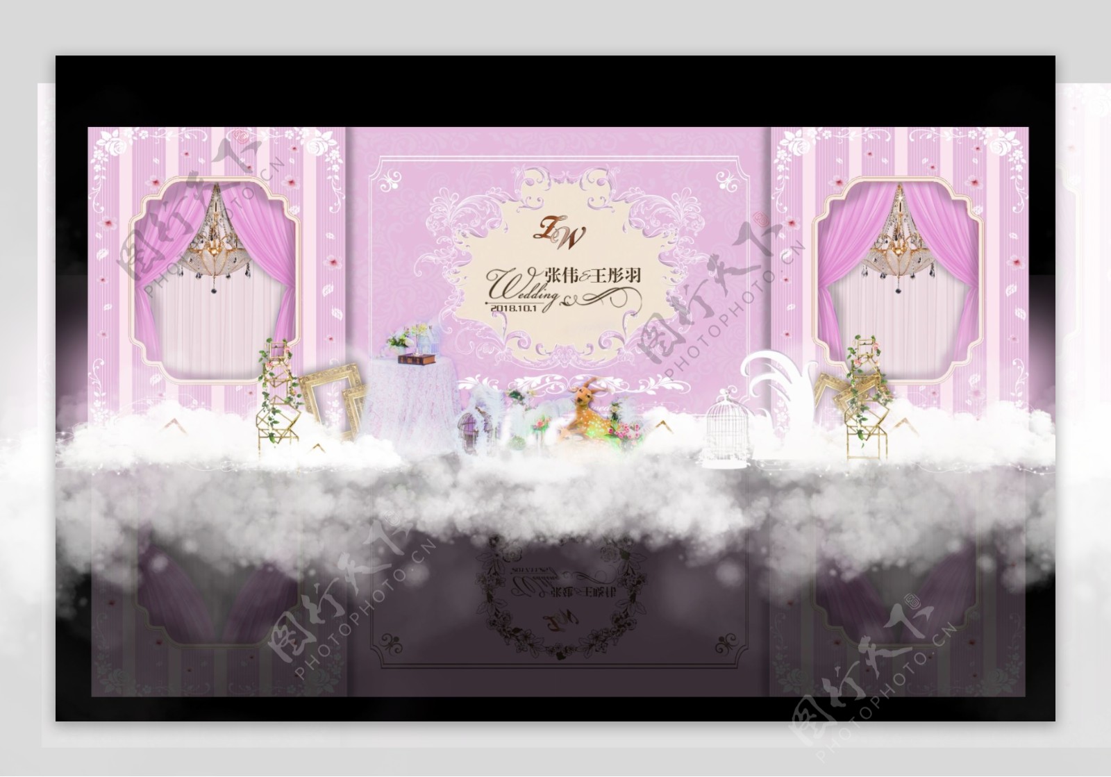粉紫色小清新婚礼迎宾区效果图设计