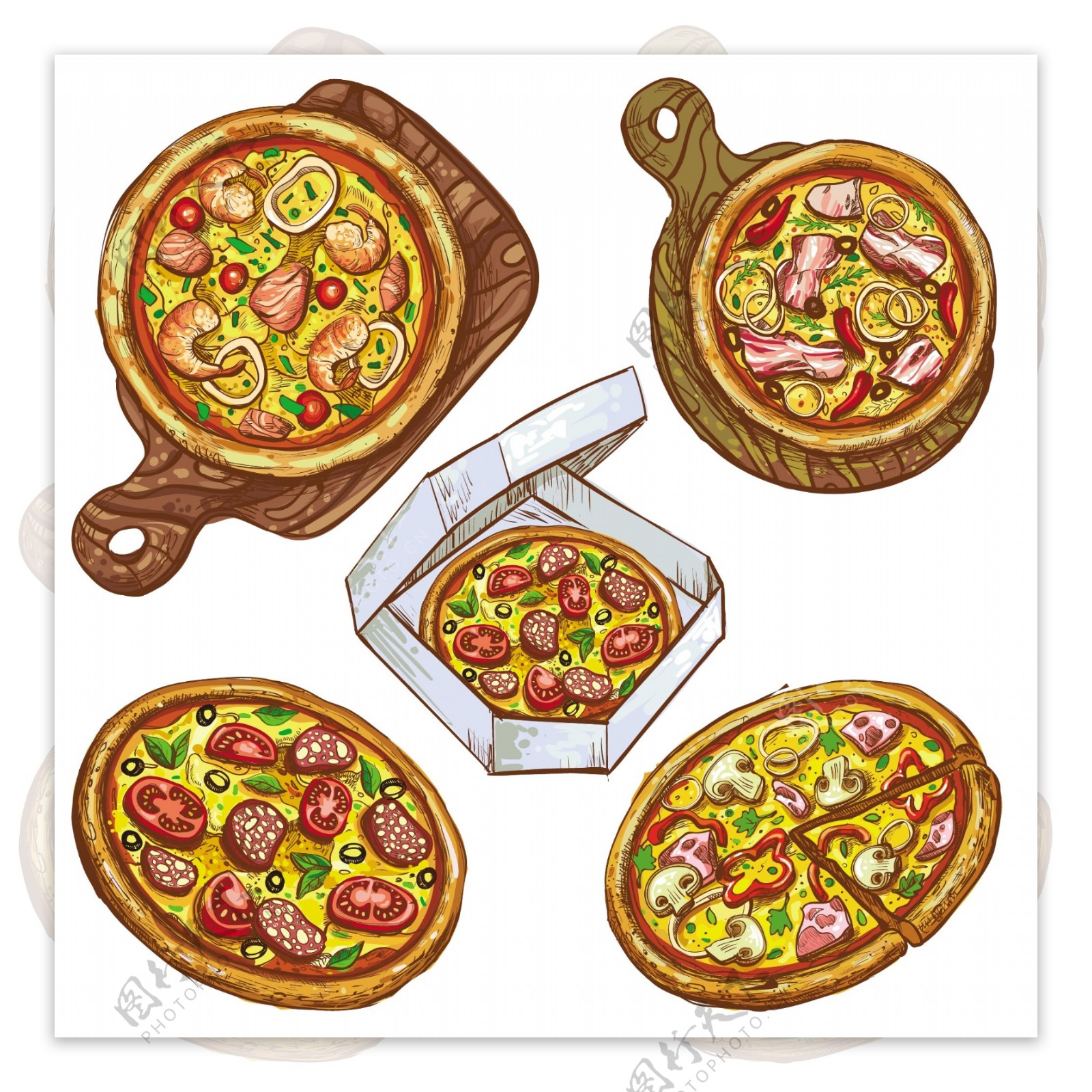 集矢量插图整个比萨和切片在木板上的比萨饼比萨饼交付在一个盒子里