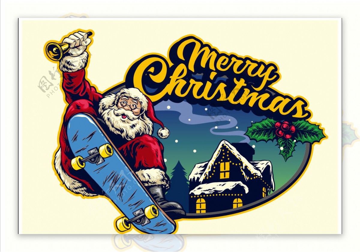 手绘滑板的圣诞老人