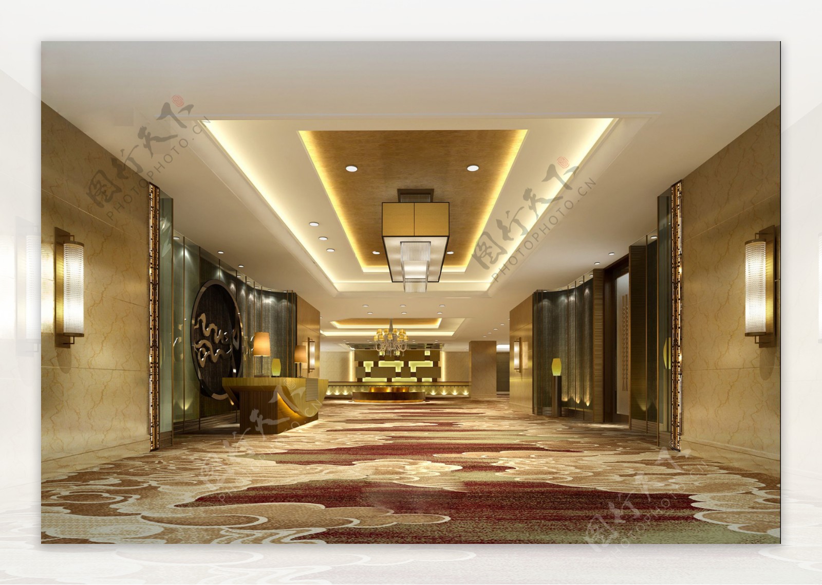 现代时尚酒红色花纹地毯酒店大厅工装效果图