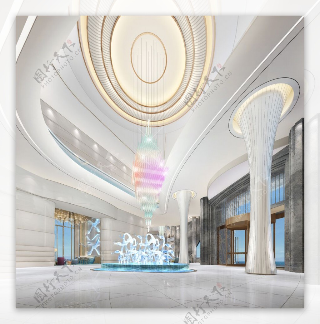 现代时尚亮色酒店大厅白色地板工装装修图
