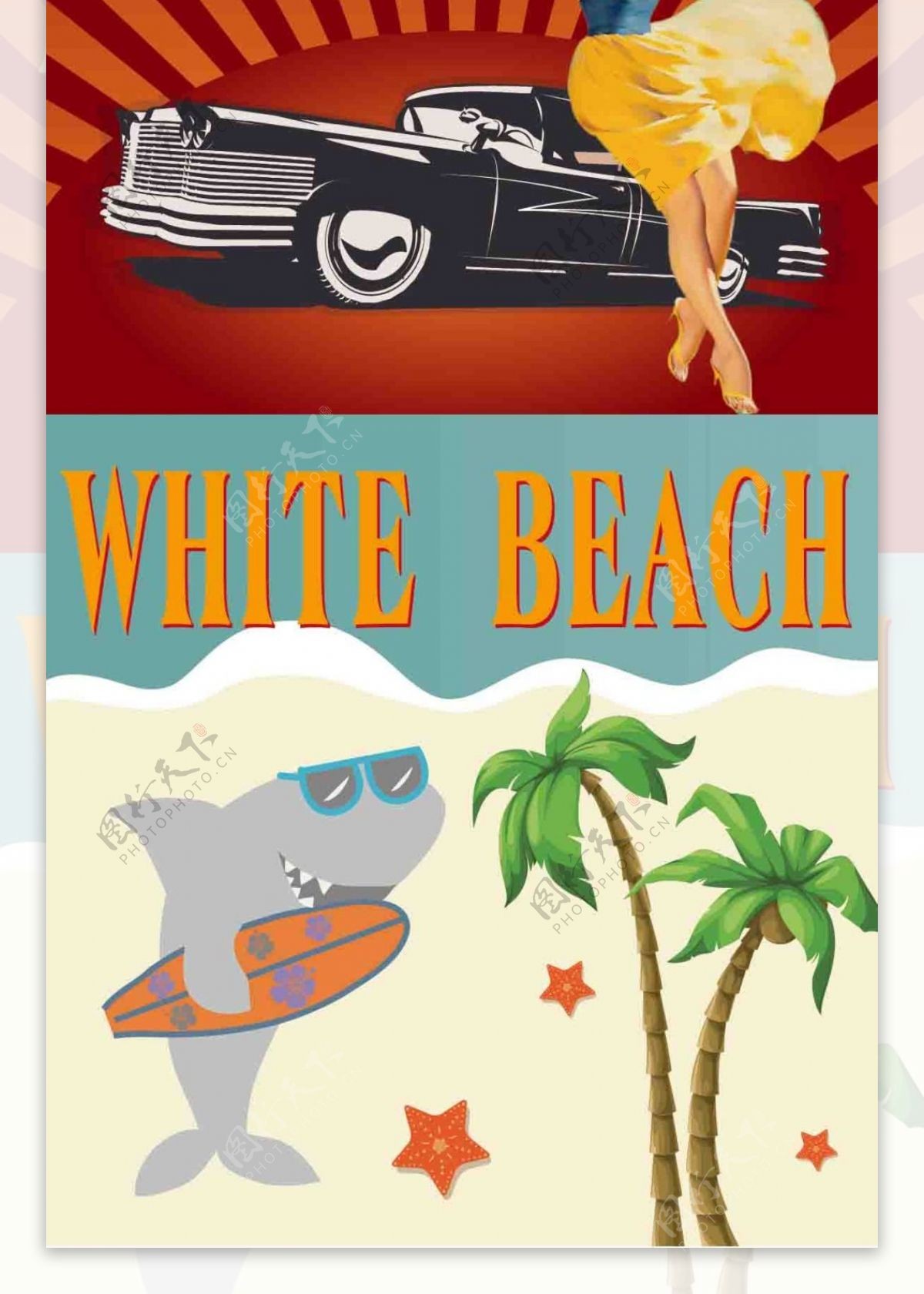 复古美女酒吧沙滩插画卡通矢量海报贴纸素材
