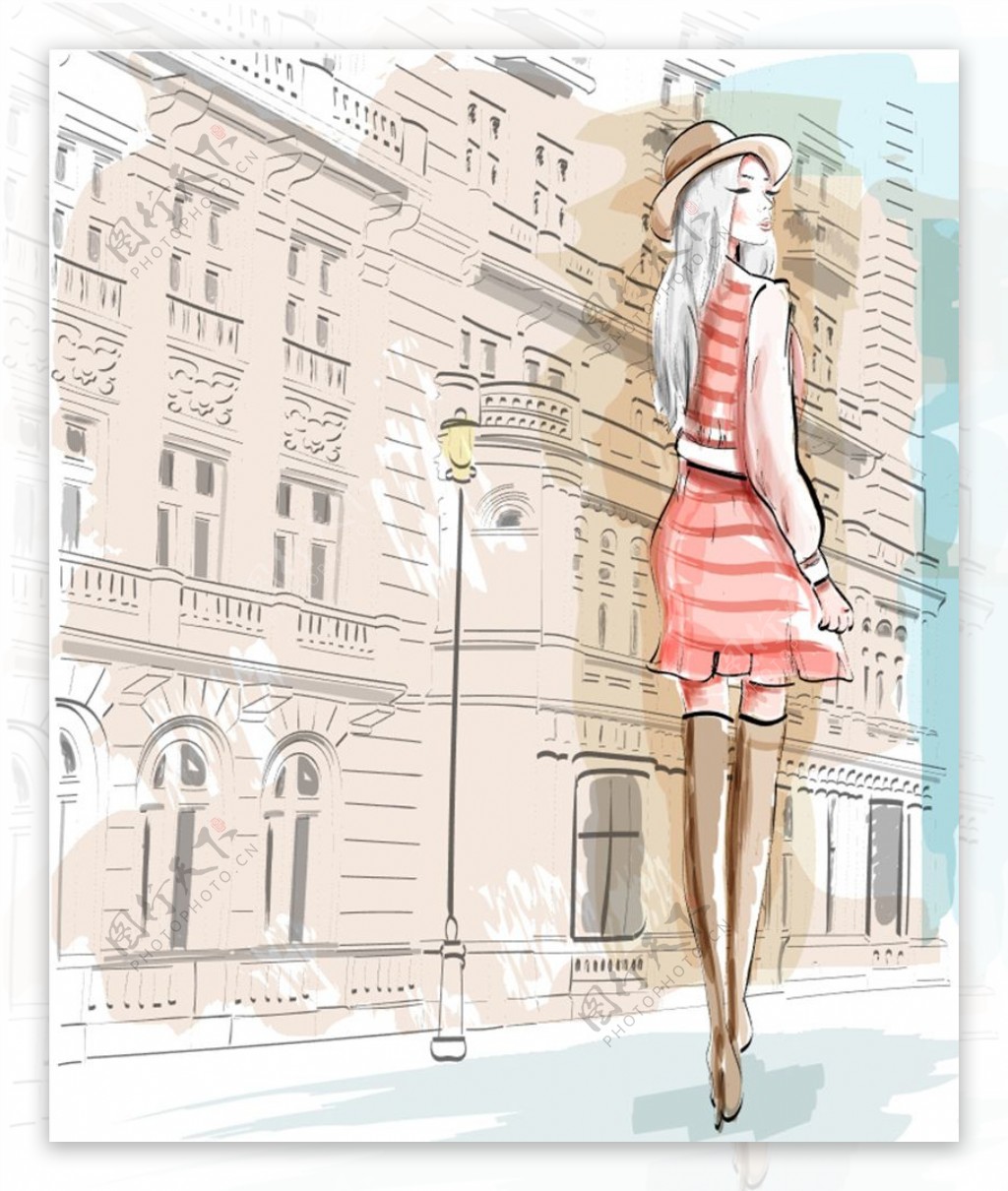 行走在城市街头的时尚美女手绘