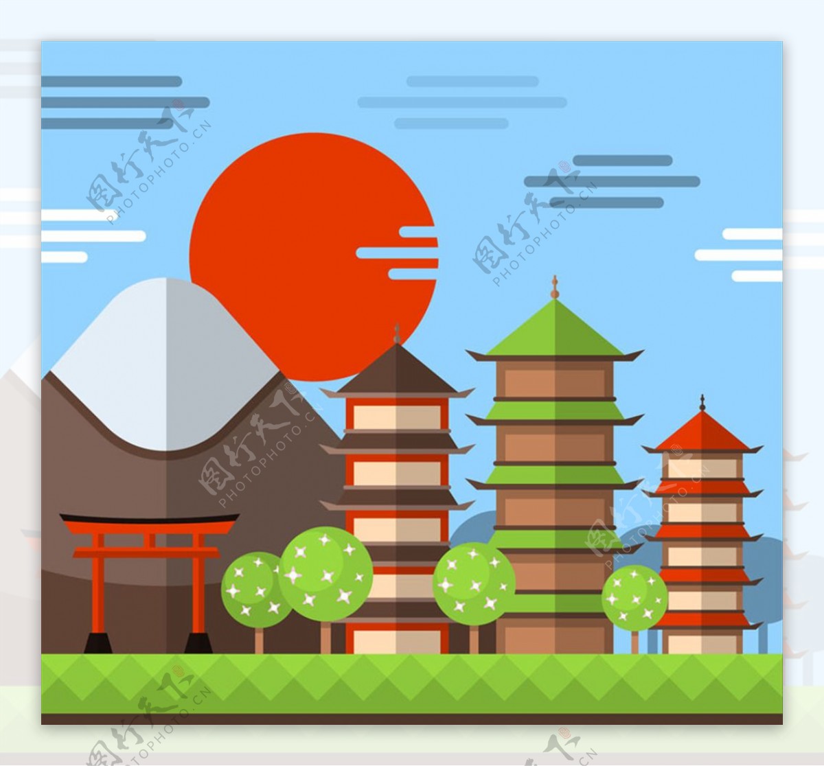 扁平化日本古建筑风景矢量素材