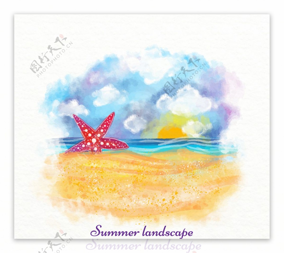 彩绘夏季沙滩风景矢量图