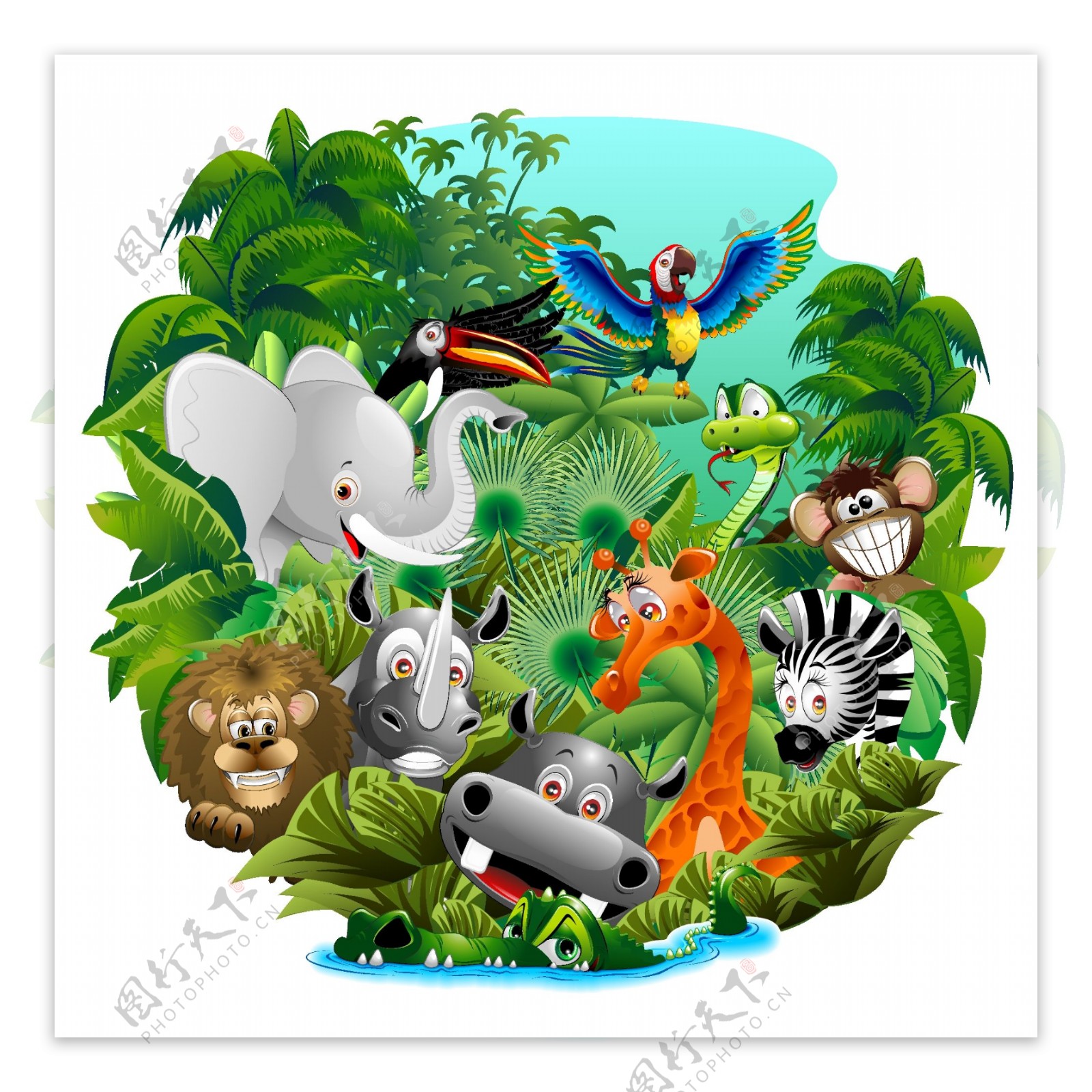 森林里的动物聚会插画