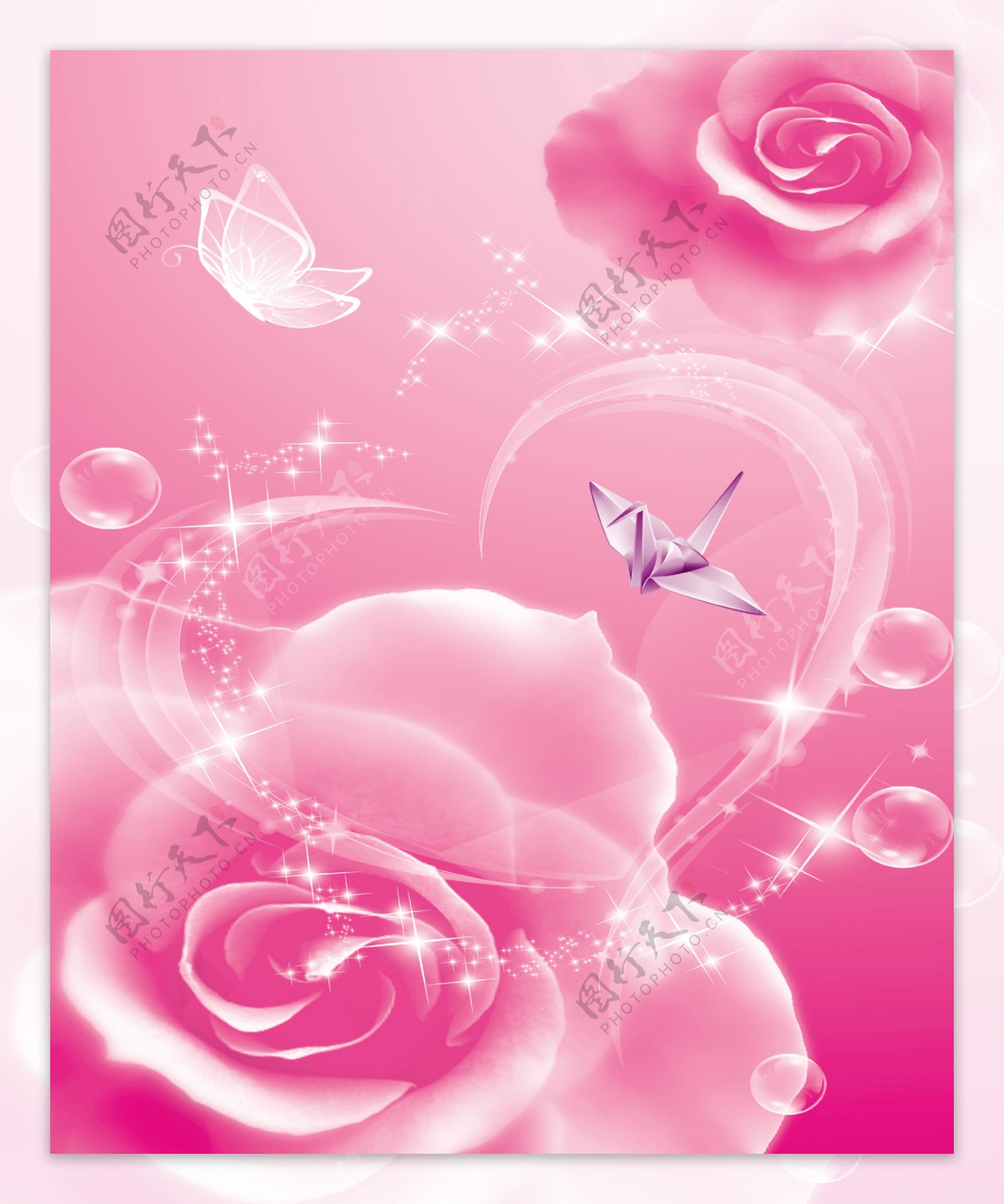 粉色玫瑰花透明心形移门图案