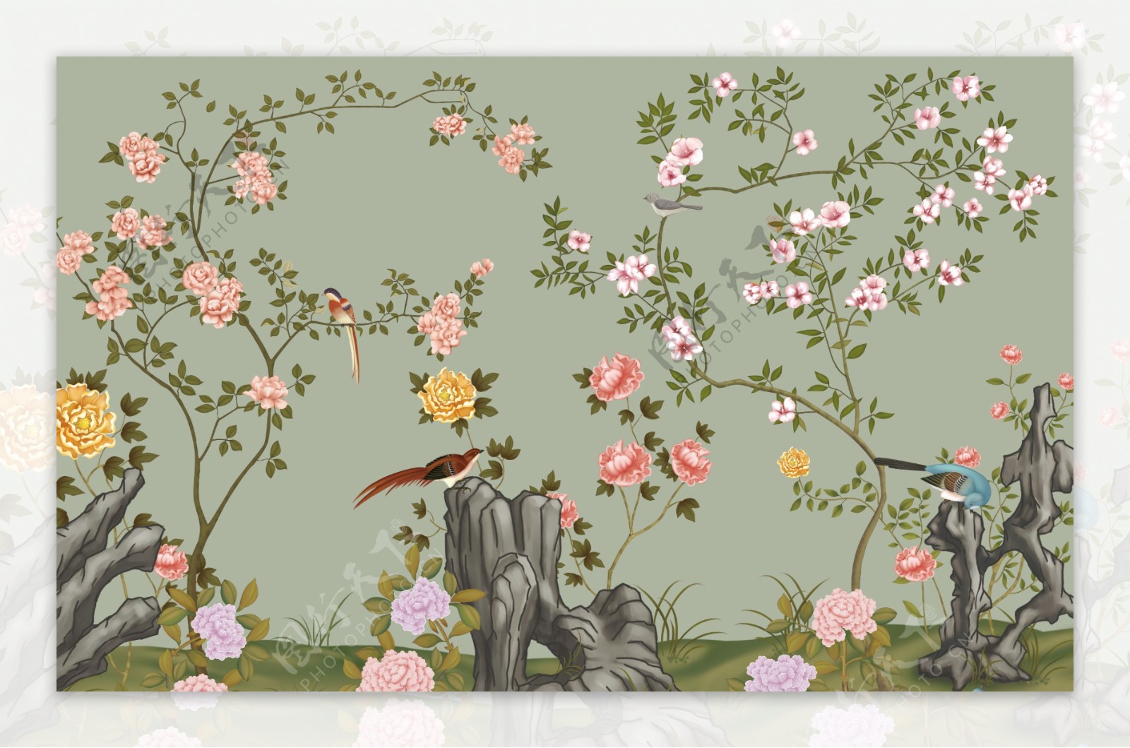 欧式手绘玫瑰花卉花藤复古背景墙