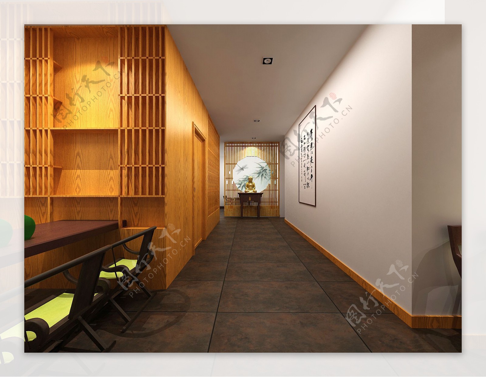 中式办公室纯色背景墙工装装修效果图