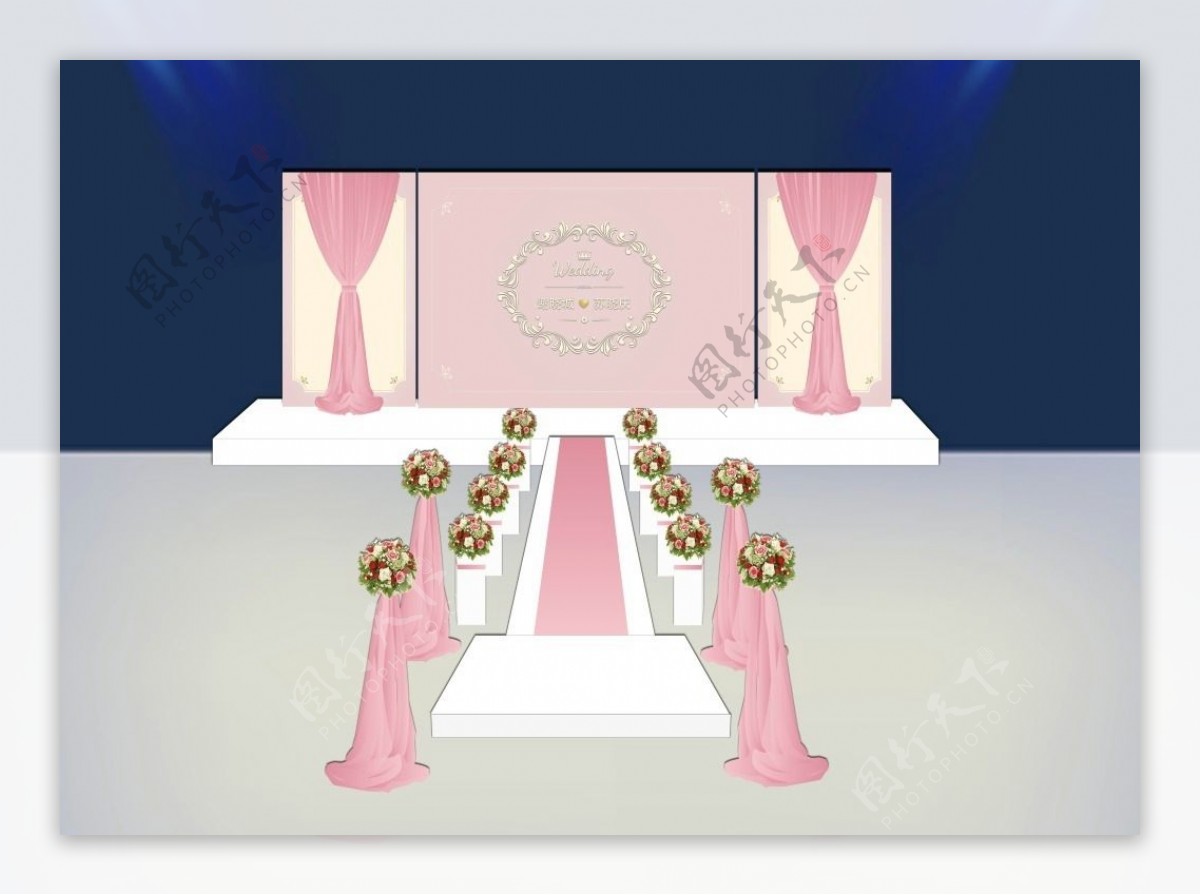 粉色简约婚礼宴会厅效果图