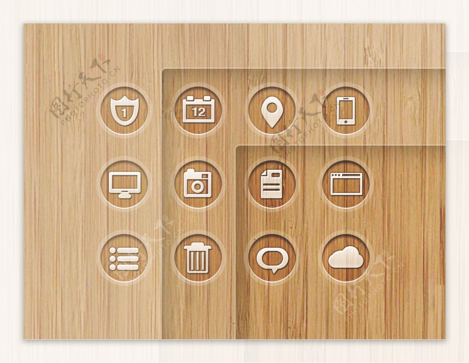 木桌上的透明白色线条icon图标设计