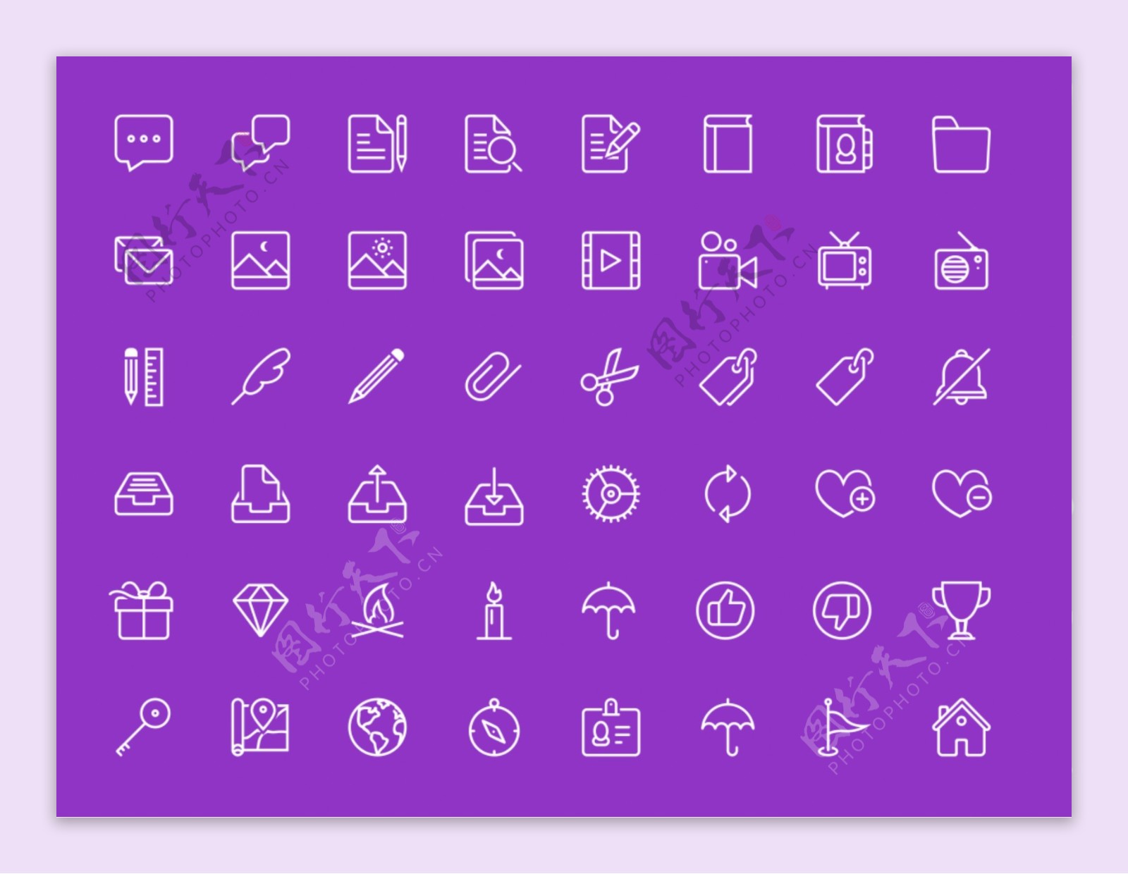 45个紫色背景白色线性icon图标设计